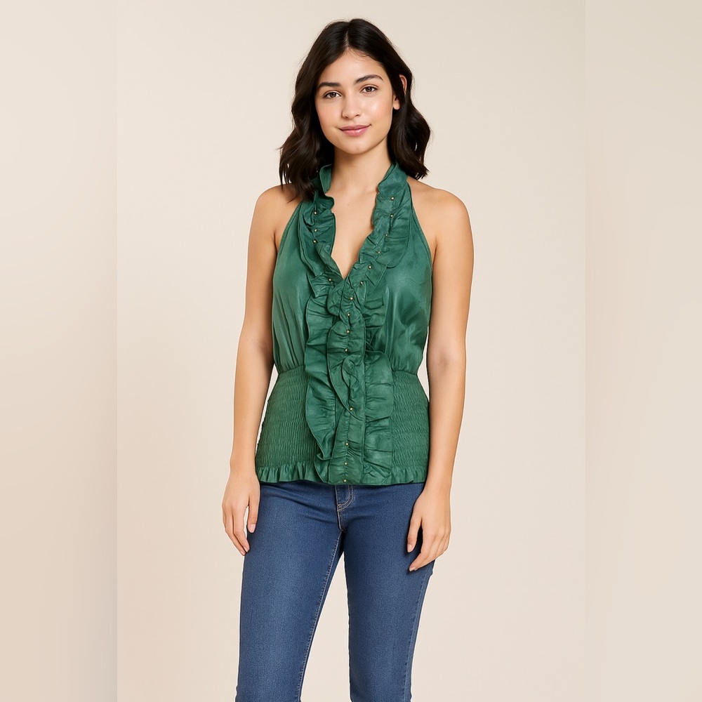 Arden B Teal Top with Ruffle & Beading Detail
